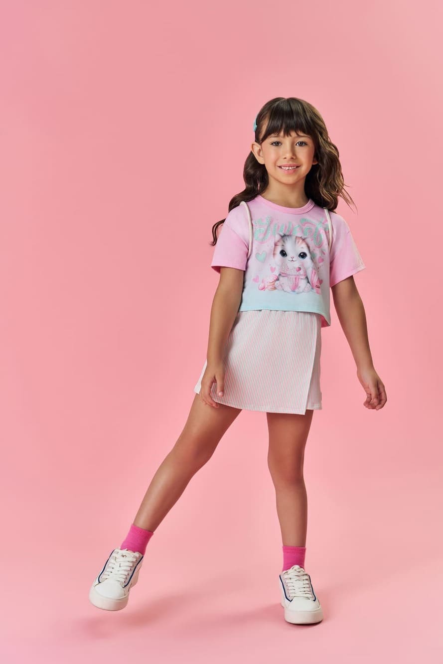 Conjunto Infantil Cinti Verão Shorts Saia e Blusa Gatinha Com Bolsinha