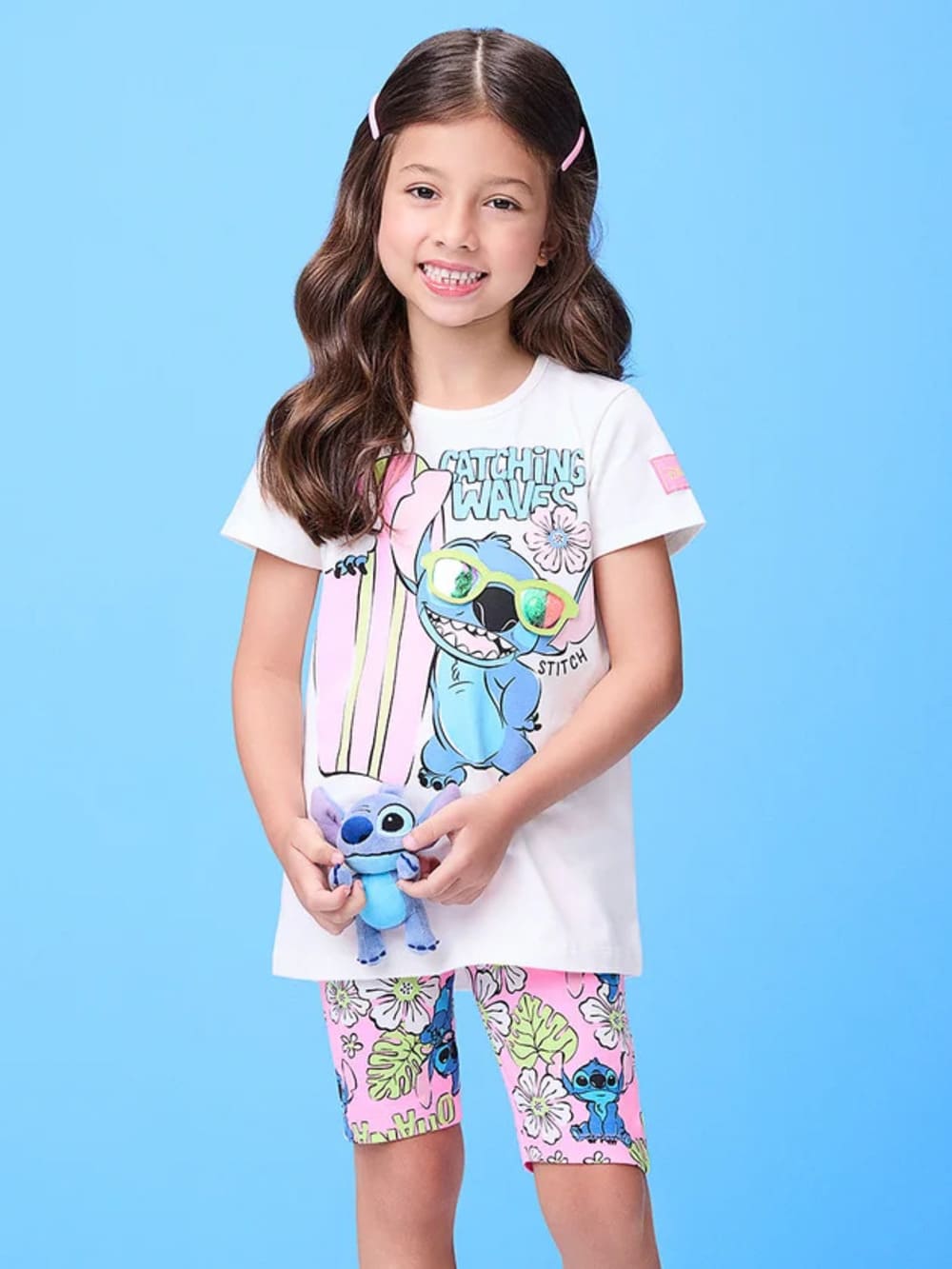 Conjunto Infantil Momi Verão Shorts Ciclista Rosa e Blusa Stitch Disney
