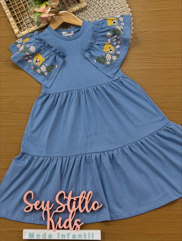 Vestido Infantil Momi Inverno com Babado Azul Ursinho Floral