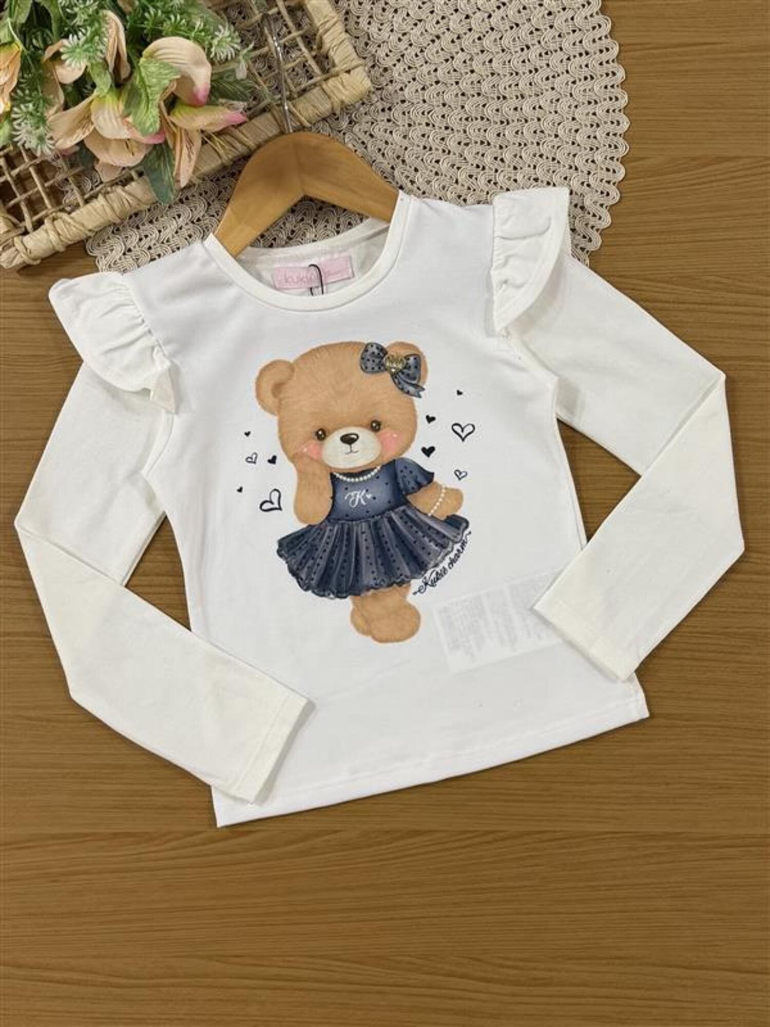 Conjunto Infantil Kukiê Inverno com Saia em Tule Azul Marinho e Blusa Manga Longa Ursinha Love