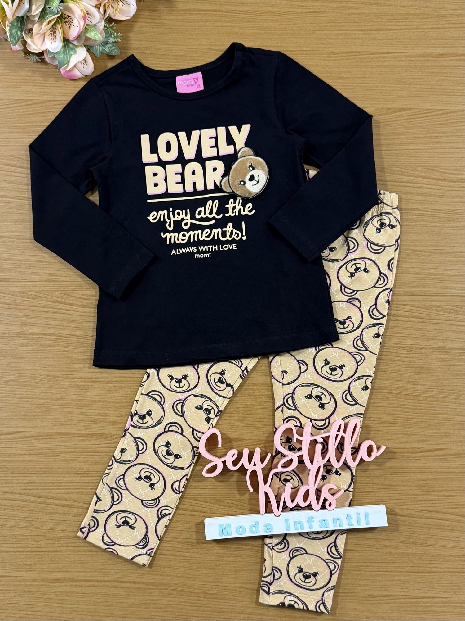 Conjunto Infantil Momi Inverno com Calça e Blusa Preta Ursinho