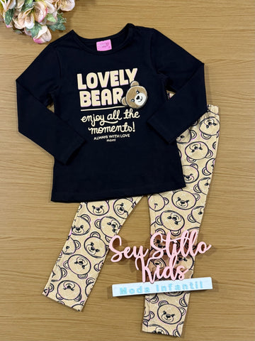 Conjunto Infantil Momi Inverno com Calça e Blusa Preta Ursinho