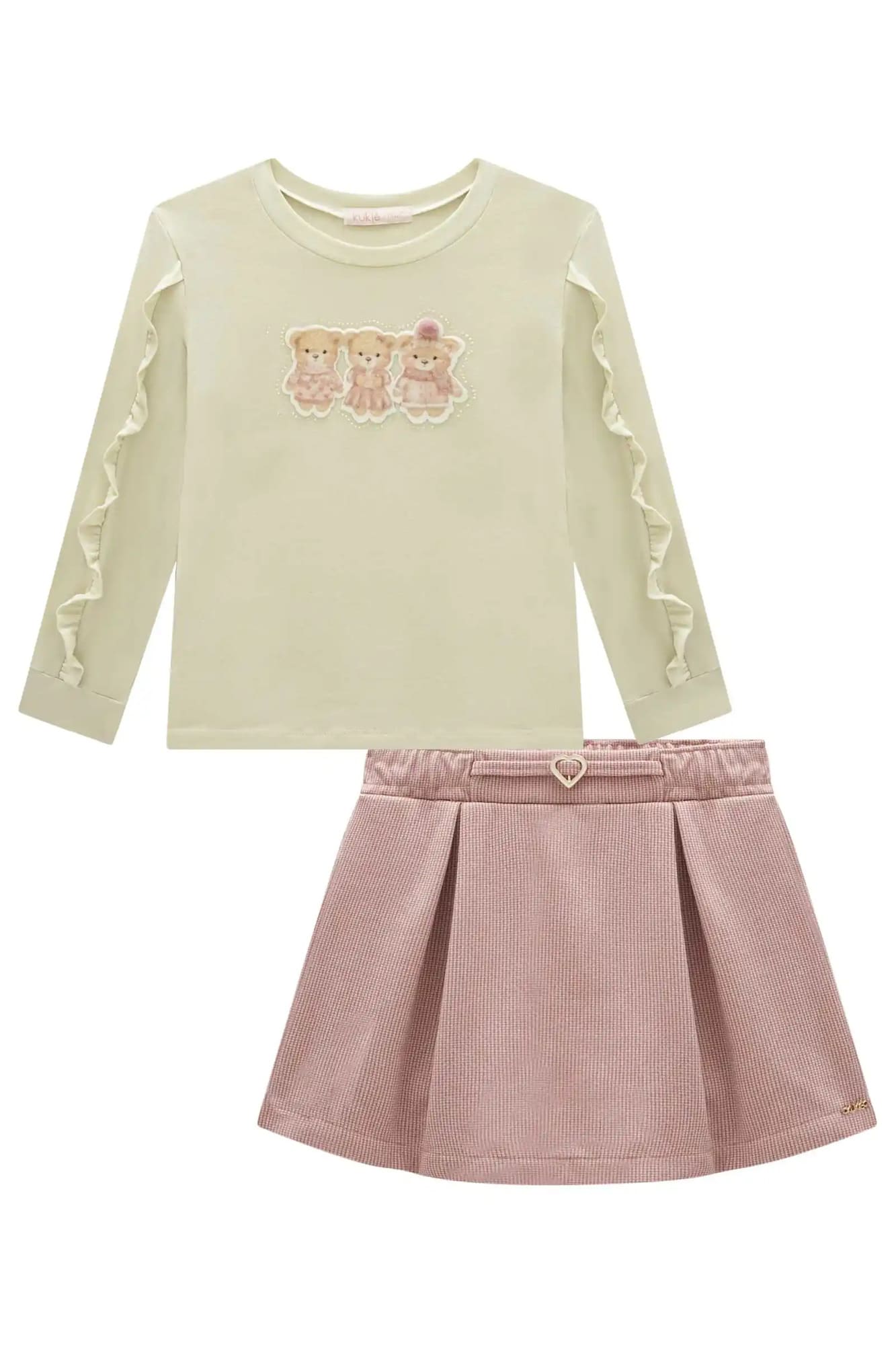 Conjunto Infantil Kukiê Inverno Short Saia e Blusa Bege Ursinhos