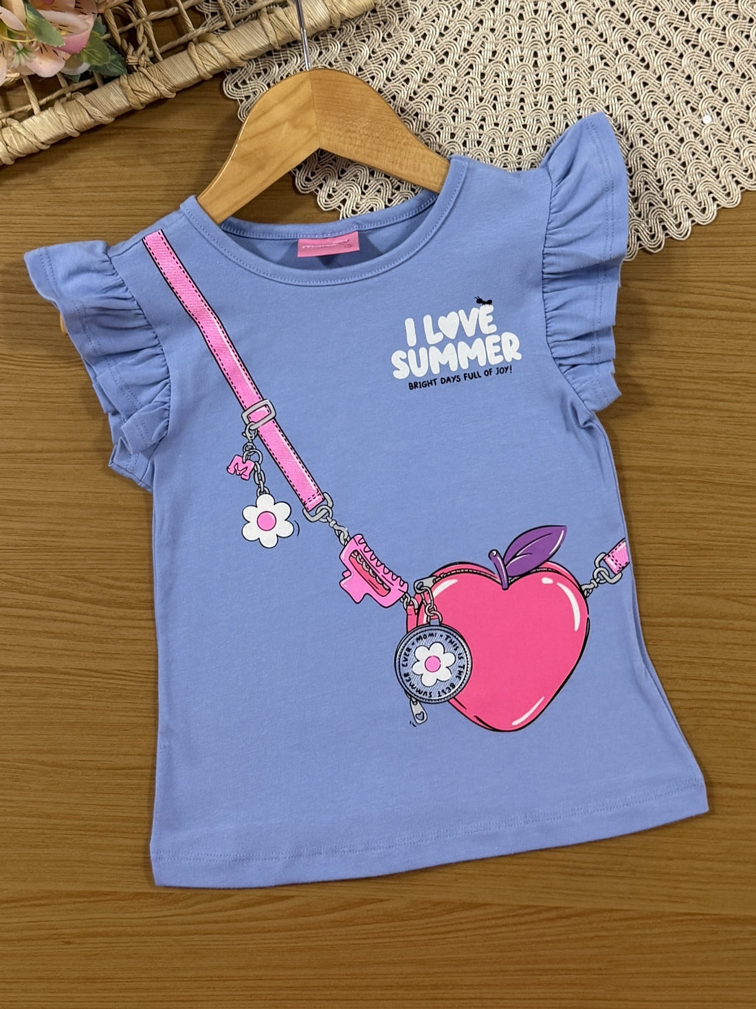 Conjunto Infantil Momi Verão com Shorts Ciclista e Blusa Azul Love Summer