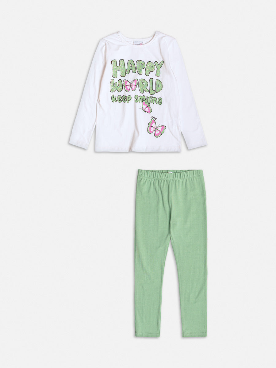 Conjunto Infantil Momi Inverno com Calça Verde e Blusa Manga Longa Branca Borboletas