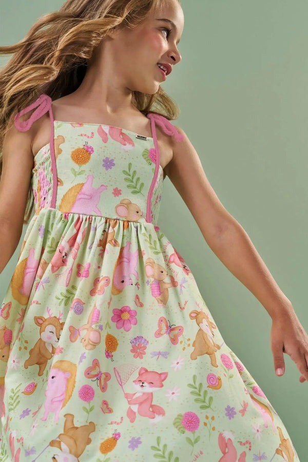 Vestido Infantil Kukiê Verão Verde Animais