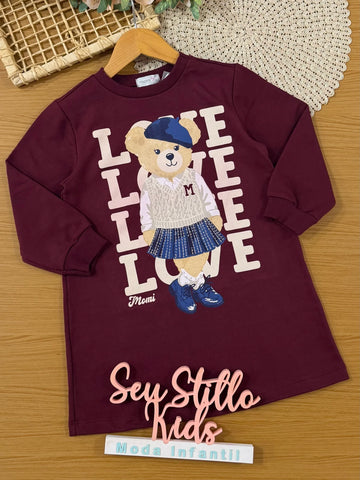 Vestido Infantil Momi Inverno Manga Longa Vinho Ursinha Love