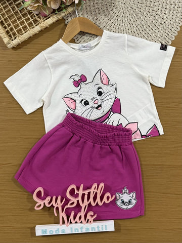Conjunto Infantil Momi com Shorts Saia Rosa e Blusa Branca Marie com Strass Disney