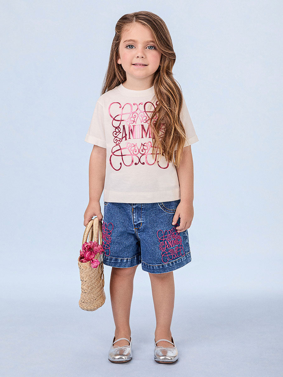 Conjunto Infantil Animê Verão Shorts Jeans e Blusa Off White