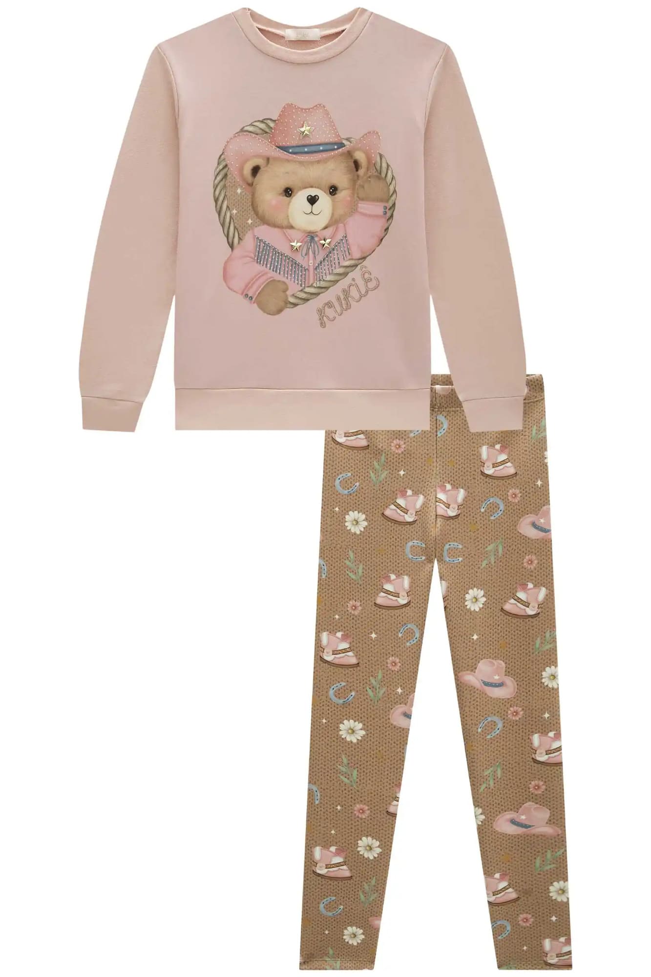 Conjunto Infantil Kukiê Inverno com Calça Legging e Casaco Rosa Ursinha Country
