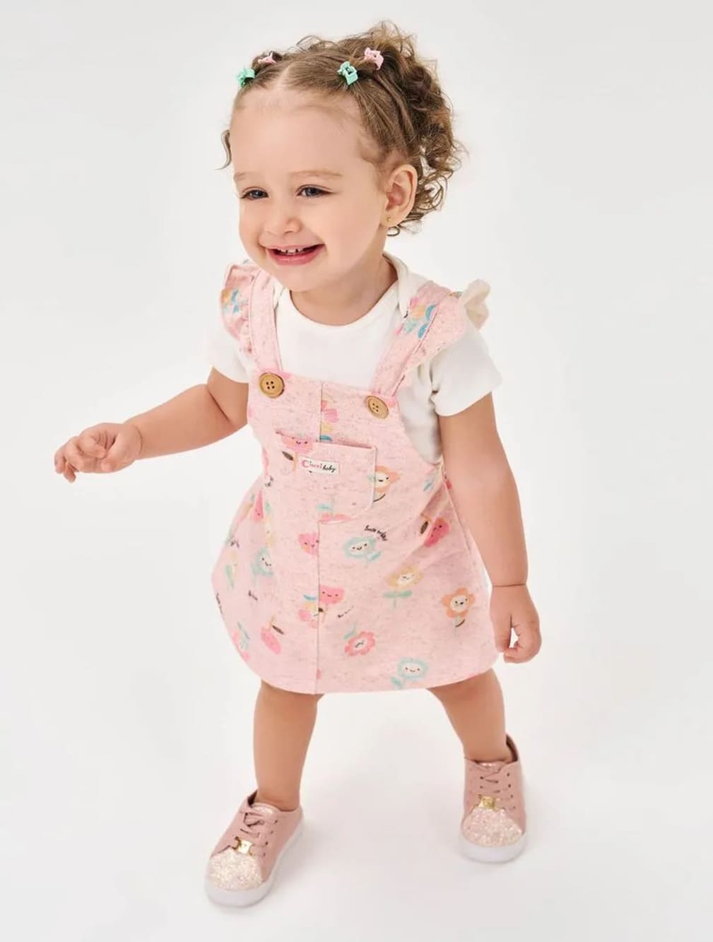 Salopete Infantil Cinti Verão Rosa Flor com Body