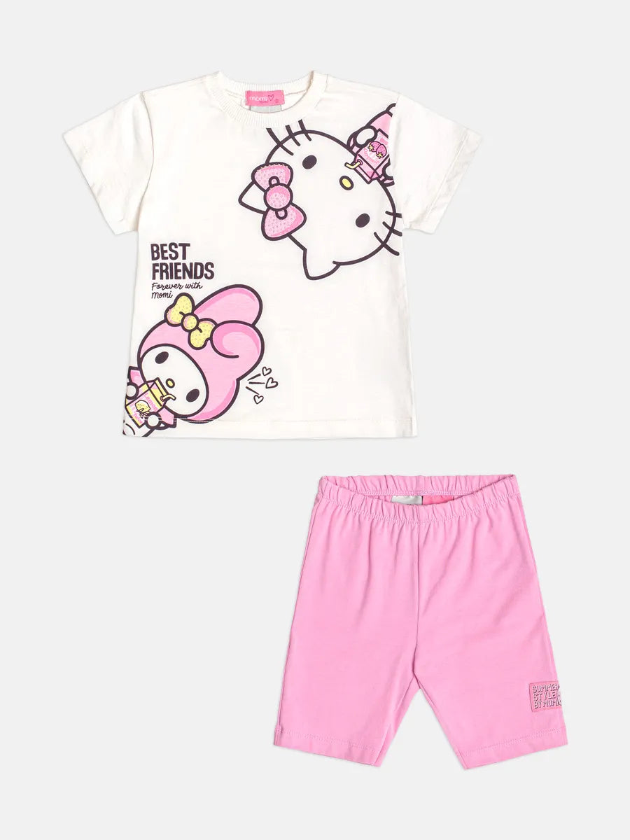 Conjunto Infantil Menina Momi Shorts Ciclista Rosa e Blusa Hello Kitty e My Melody