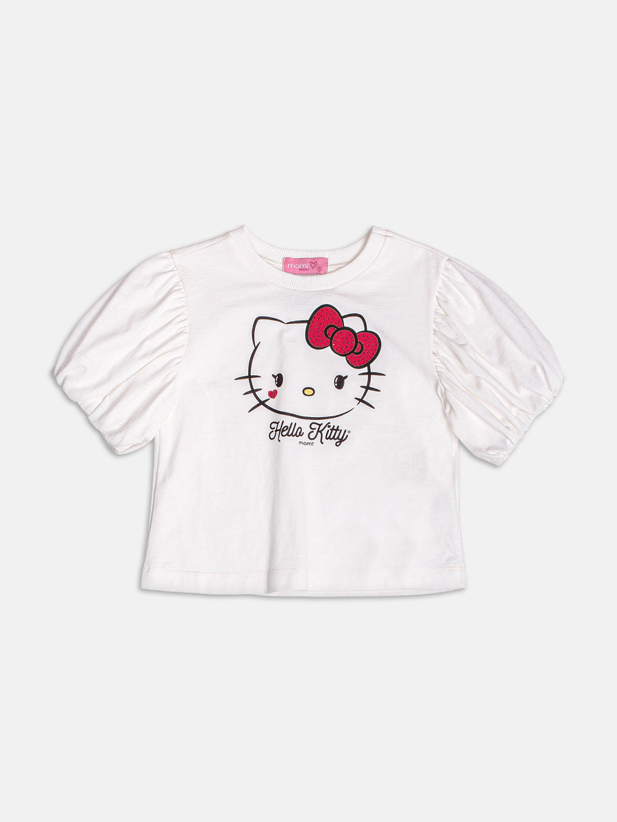 Conjunto Infantil Momi Verão com Shorts Saia Vermelho e Blusa Branca Hello Kitty com Strass