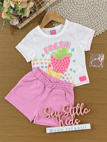 Conjunto Infantil Cinti Verão, Shorts Rosa e Blusa Branca Frutinhas com Pulseira