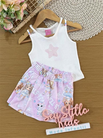 Conjunto Infantil Cinti Verão com Shorts Saia Rosa Estampado e Regata Estrelinha