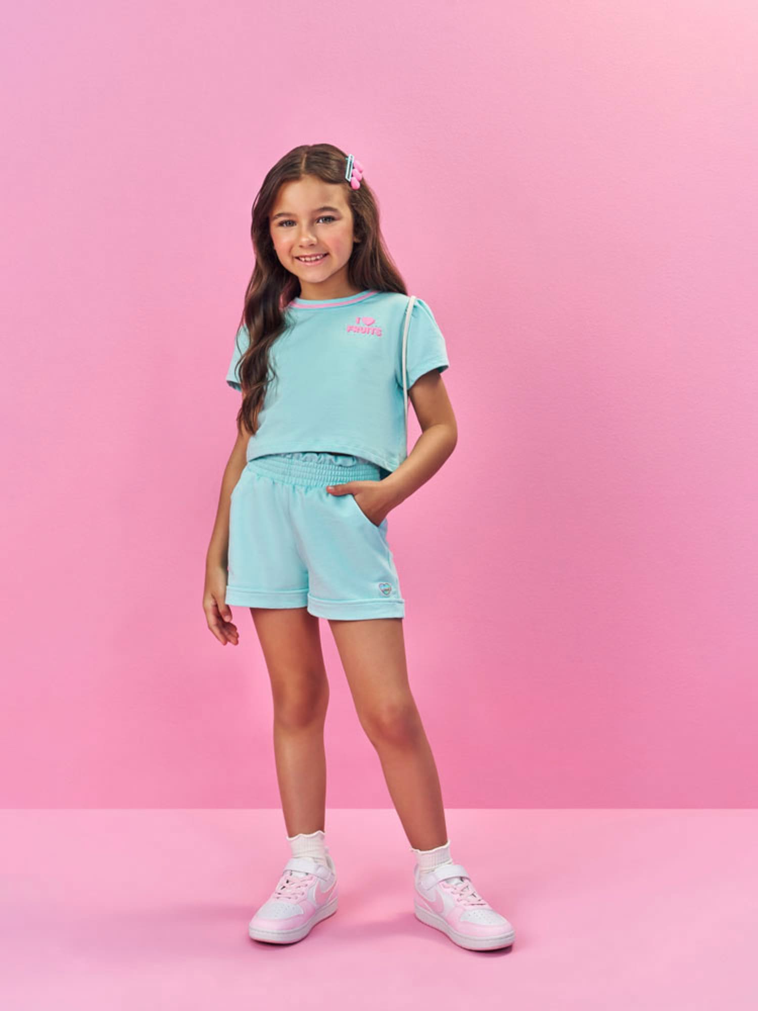 Conjunto Infantil Cinti Verão com Shorts e Blusa Azul Fruits com Bolsinha