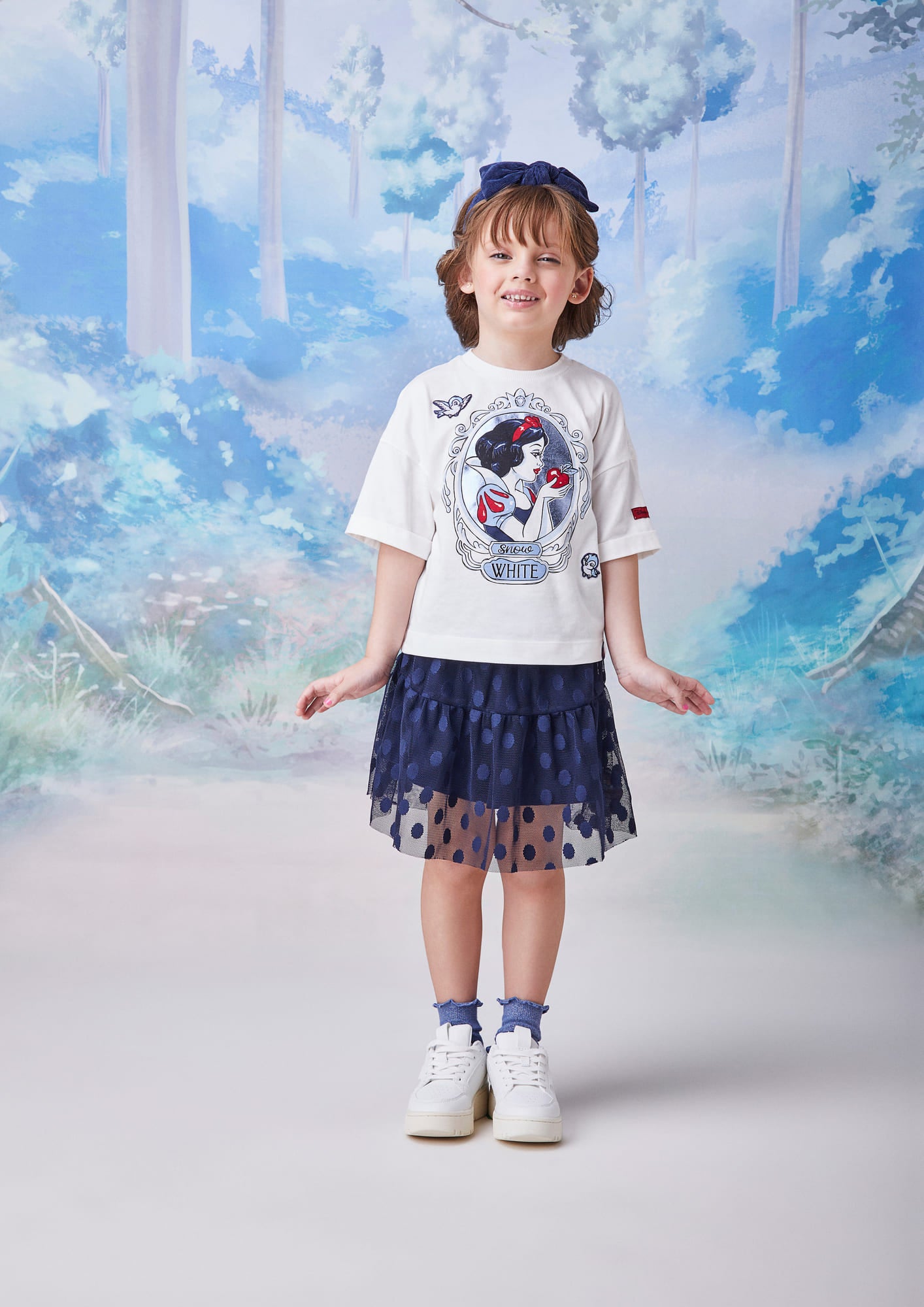 Conjunto Infantil Animê Saia Tule e Blusa Manga Curta Branca de Neve Disney