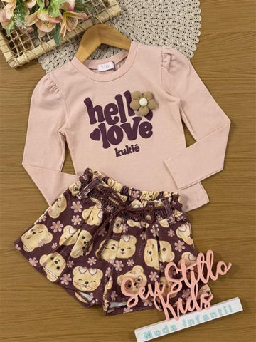 Conjunto Infantil Kukiê Inverno com Shorts Marrom e Blusa Manga Longa Hello Love