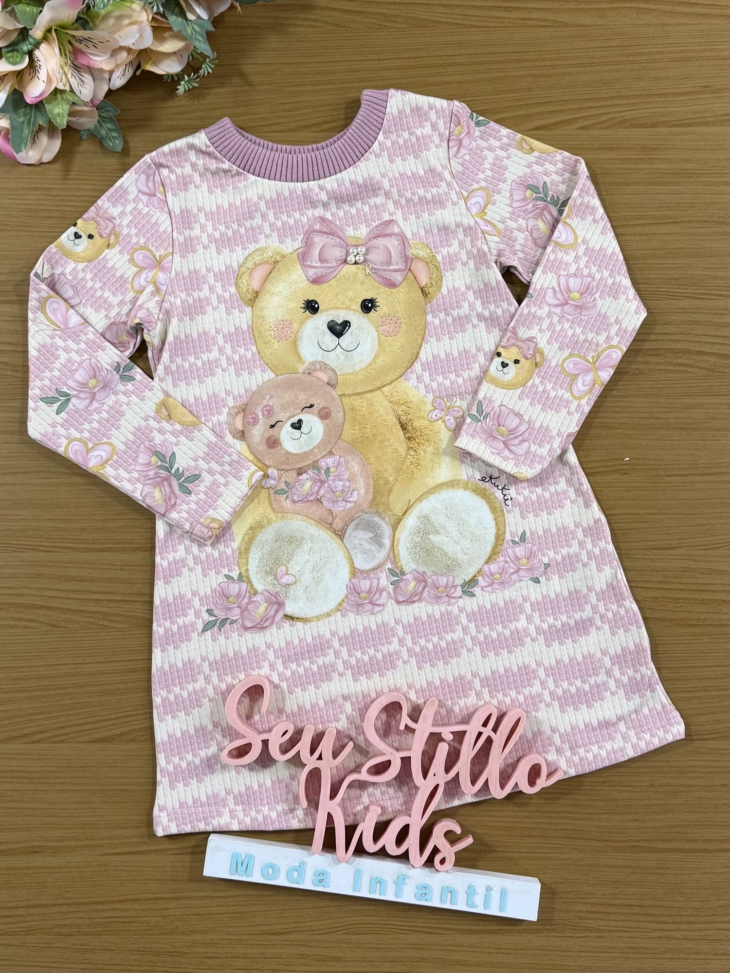 Vestido Infantil Kukie Inverno Rosa Ursinha no Campo