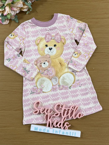 Vestido Infantil Kukie Inverno Rosa Ursinha no Campo