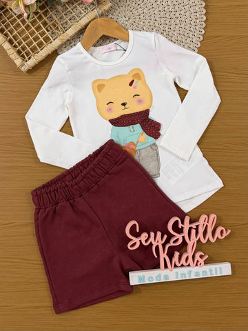 Conjunto Infantil Kukiê com Shorts Vermelho Escuro e Blusa Manga Longa Gatinha