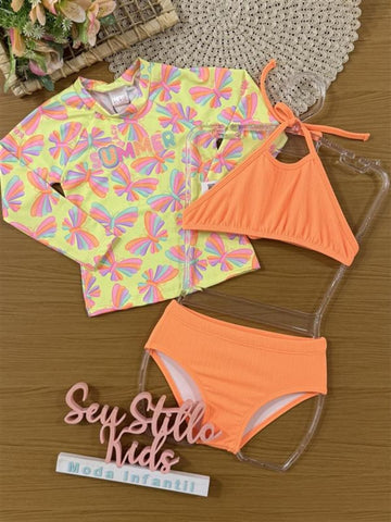 Biquíni Infantil Kukiê Verão Laranja com Blusa Manga Longa Borboleta Summer