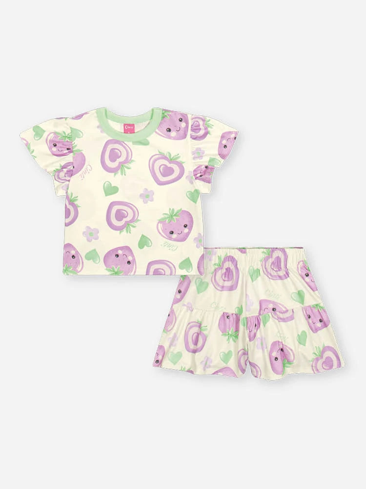 Conjunto Infantil Cinti Inverno com Shorts e Blusa Manga Curta Branca Moranguinho