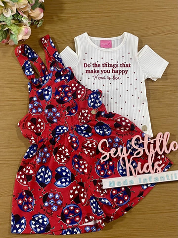 Jardineira Infantil Momi Verão Joaninha Com Blusa Canelada