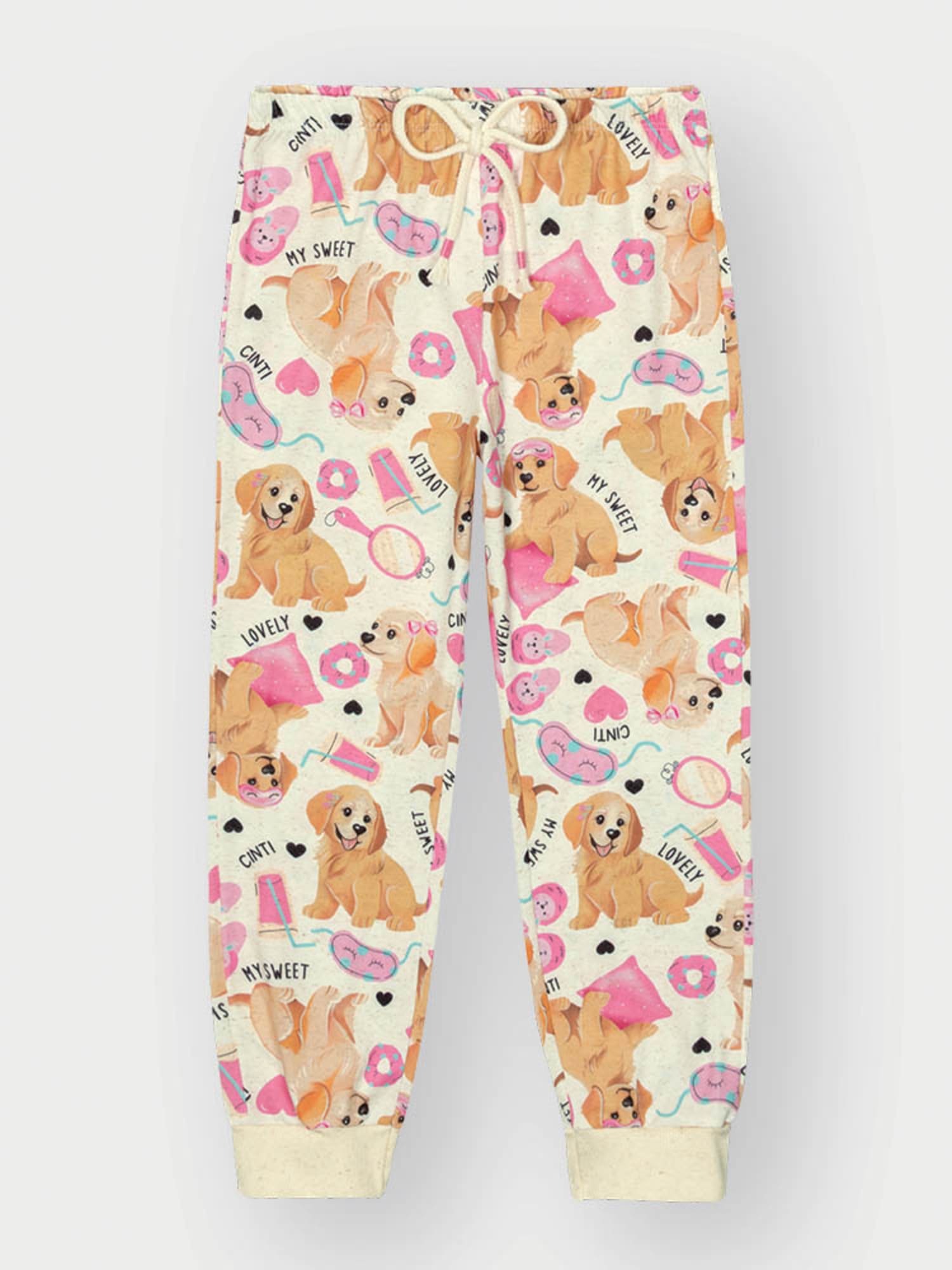 Pijama Infantil Cinti Verão com Calça e Blusa Off White Cachorrinhos