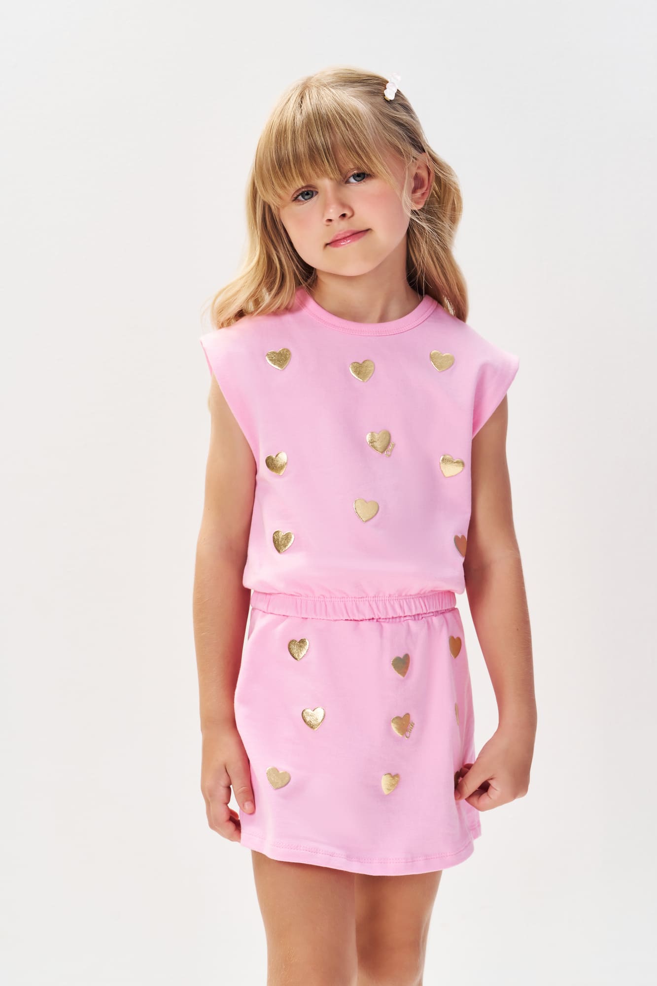 Conjunto Infantil Cinti Verão com Shorts Saia e Blusa sem Mangas Rosa Corações