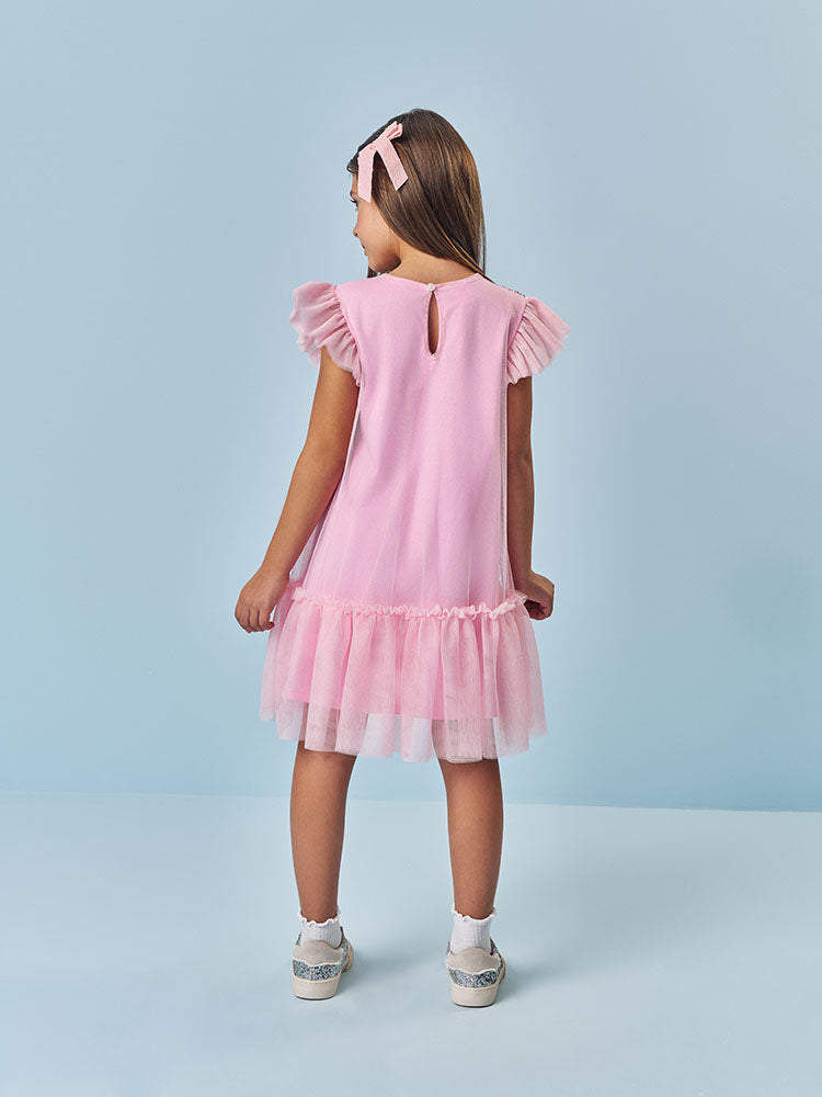 Vestido Infantil Cinti Verão Rosa Paetê e Tule com Glitter