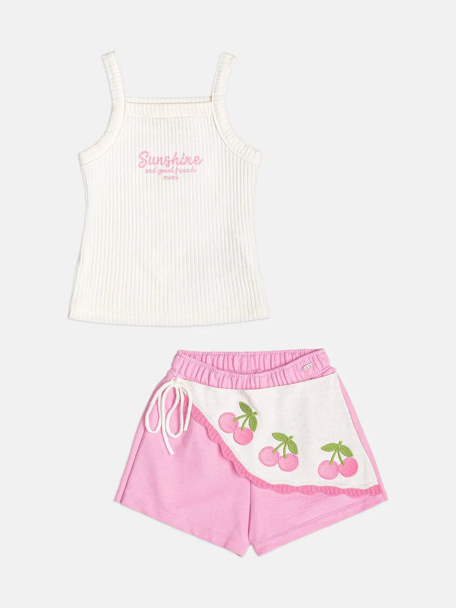 Conjunto Infantil Menina Momi com Shorts Rosa e Regata Branca Sunshine