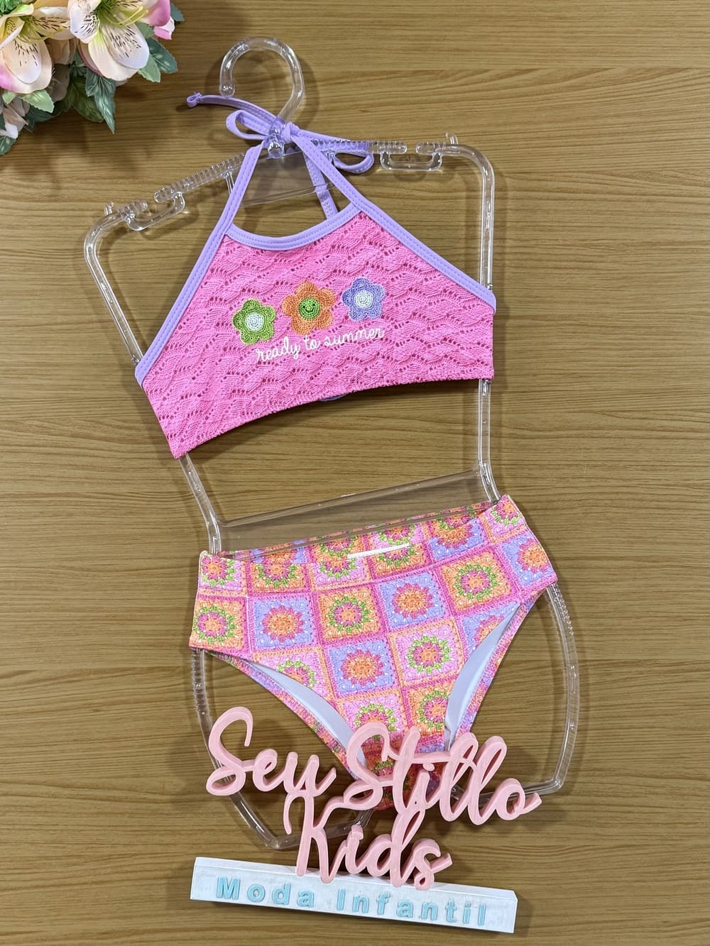 Biquíni Infantil Kukie Rosa Crochê Florzinha