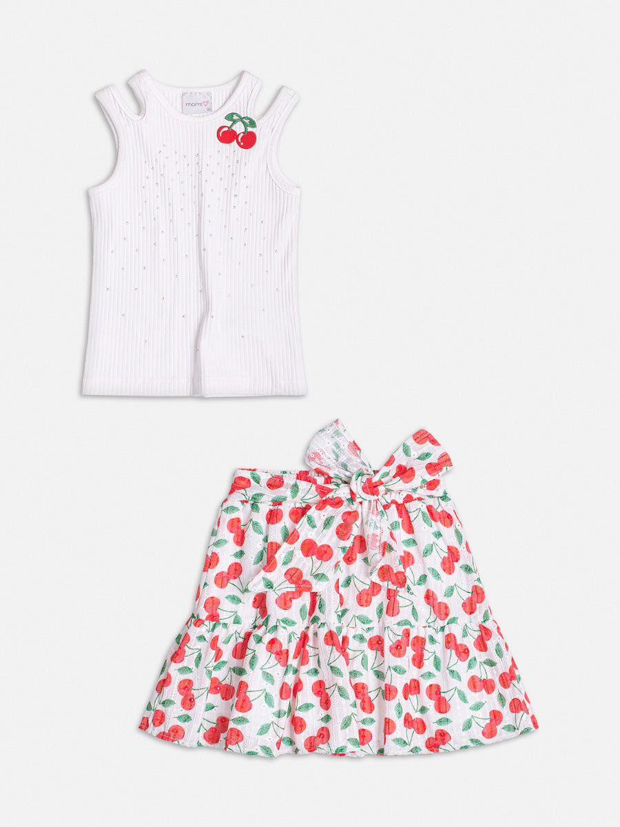 Conjunto Infantil Momi Verão Saia Laise e Blusa Canelada Cereja