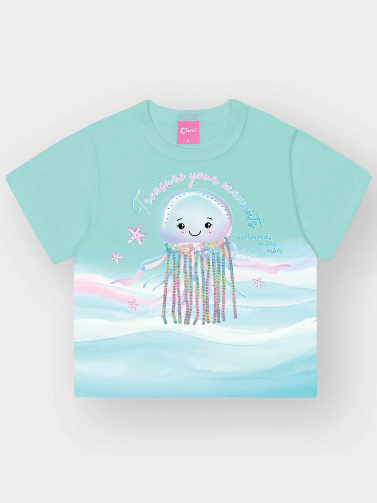 Conjunto Infantil Cinti Verão com Short Saia e Blusa Azul Água Viva