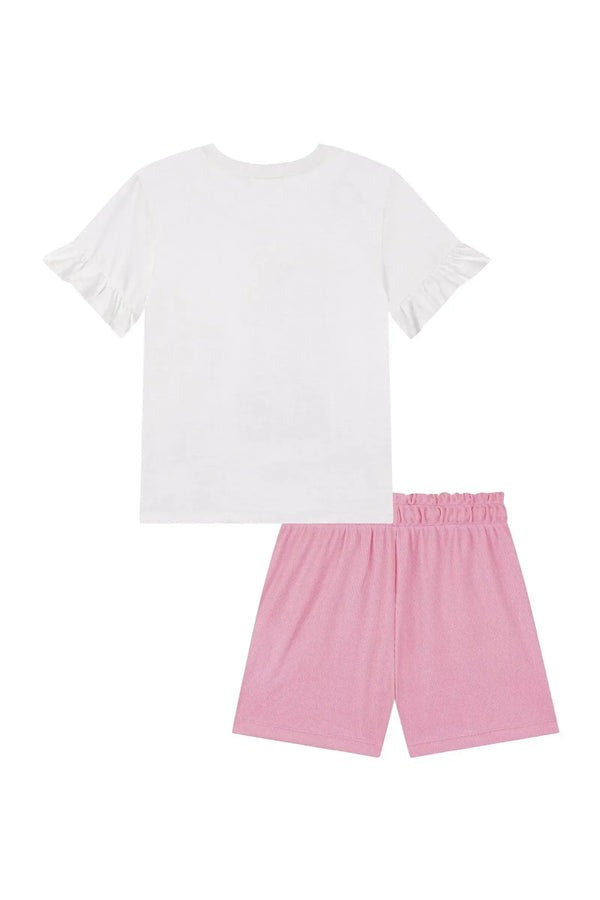 Conjunto Infantil Kukiê Verão com Shorts Rosa e Blusa Branca Girafinha