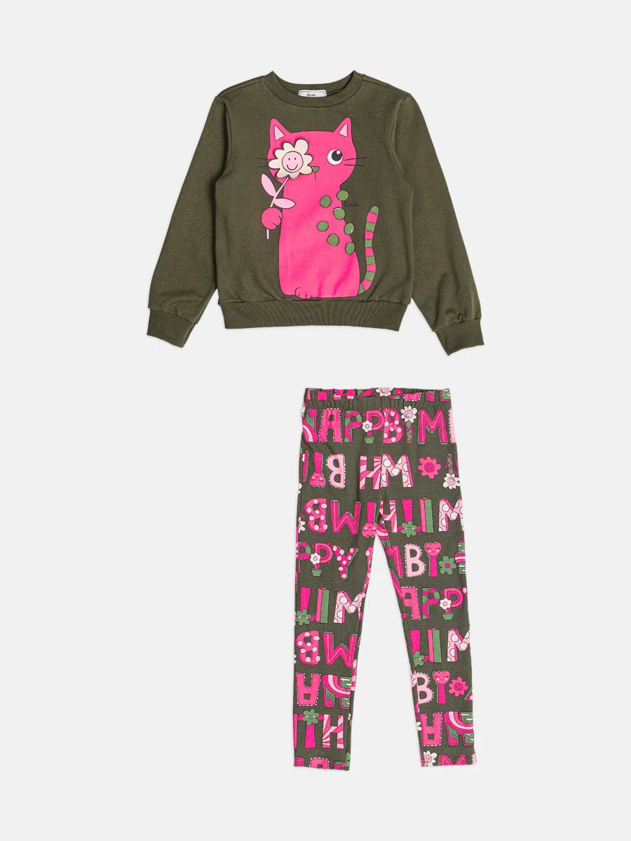 Conjunto Infantil Bimbi Inverno com Calça Legging e Moletom Flanelado Verde Escuro Gainha Florzinha