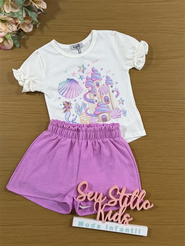 Conjunto Infantil Kukiê com Shorts Lilás e Blusa Manga Curta Sereia com Strass