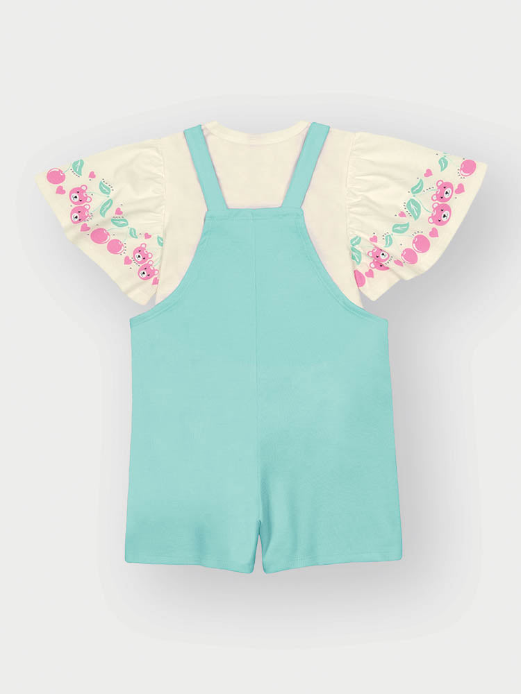 Jardineira Infantil Cinti Verão Azul com Blusa Branca Cerejinha