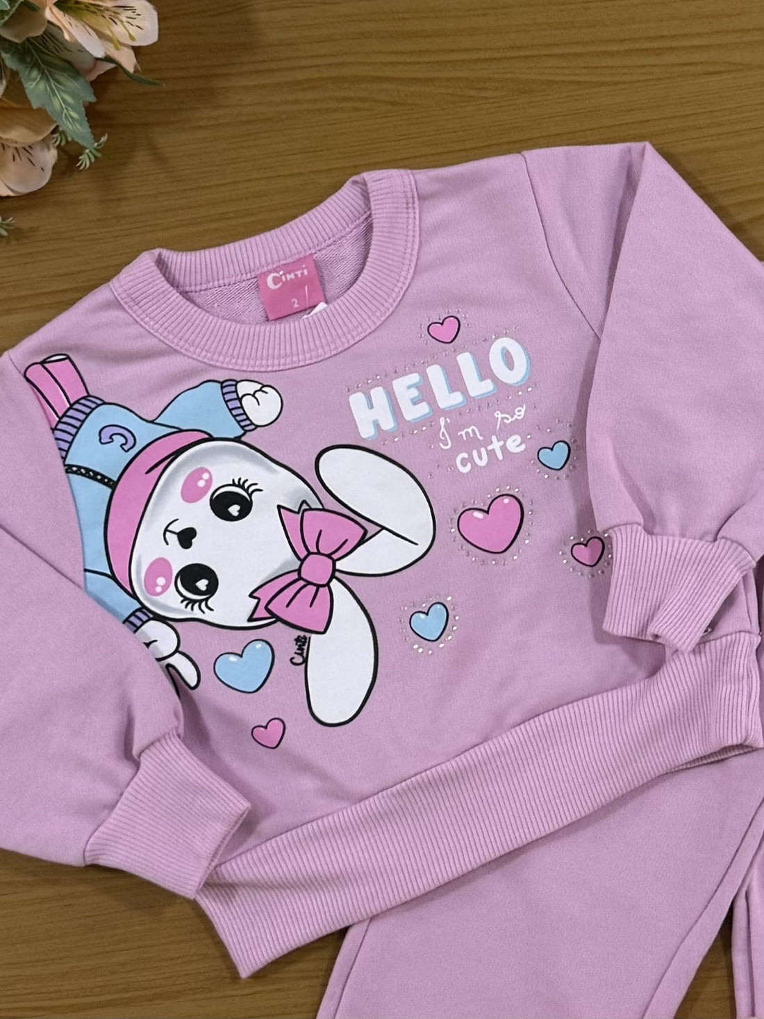 Conjunto Infantil Cinti Inverno com Calça e Casaco Lilás Coelhinha com Strass