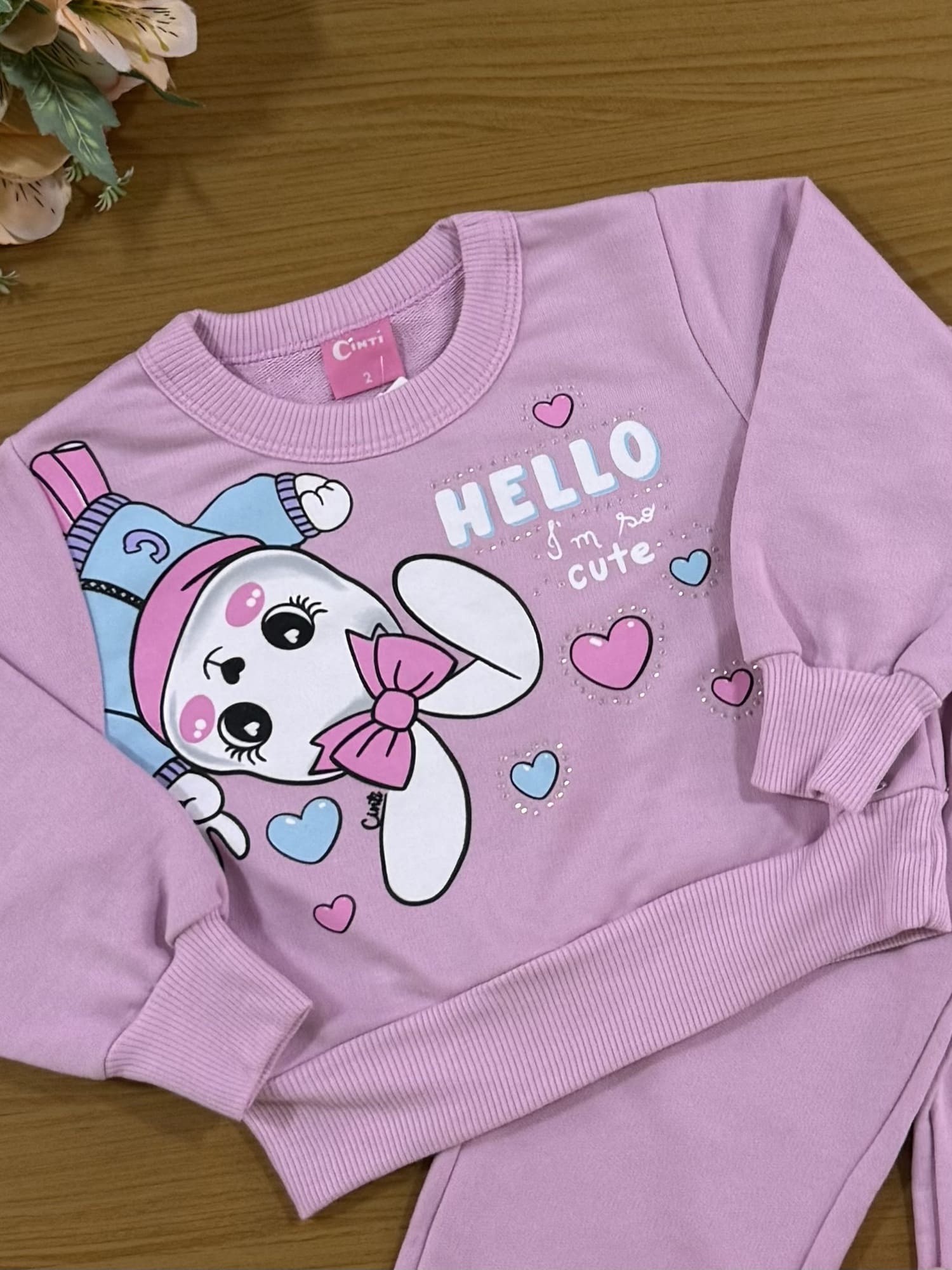 Conjunto Infantil Cinti Inverno com Calça e Casaco Lilás Coelhinha com Strass