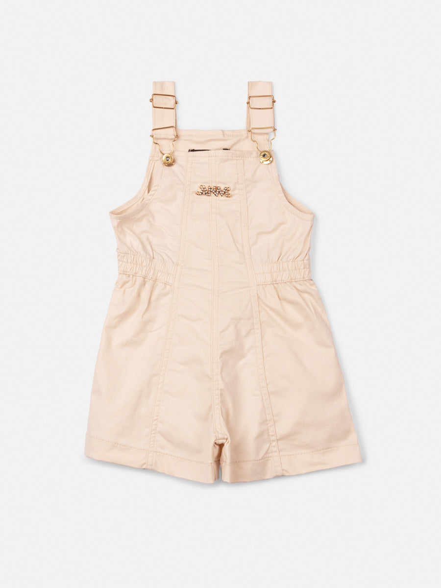 Jardineira Infantil Animê Verão Bege e Blusa Balonê com Strass