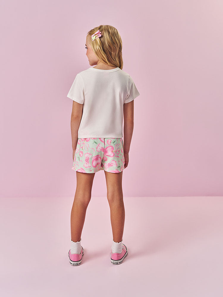 Conjunto Infantil Cinti Verão com Shorts Saia Verde e Blusa Branca Ursinha Docinho