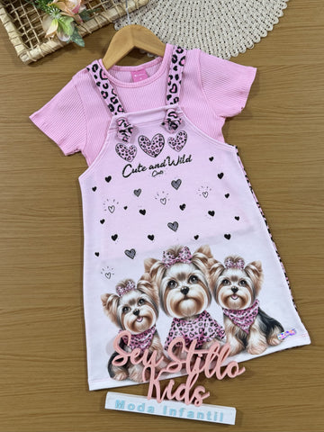 Salopete Infantil Cinti com Blusa Rosa Cachorrinha
