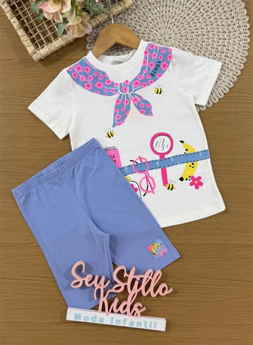 Conjunto Infantil Bimbi Verão com Shorts Ciclista Azul e Blusa Branca Diário da Natureza