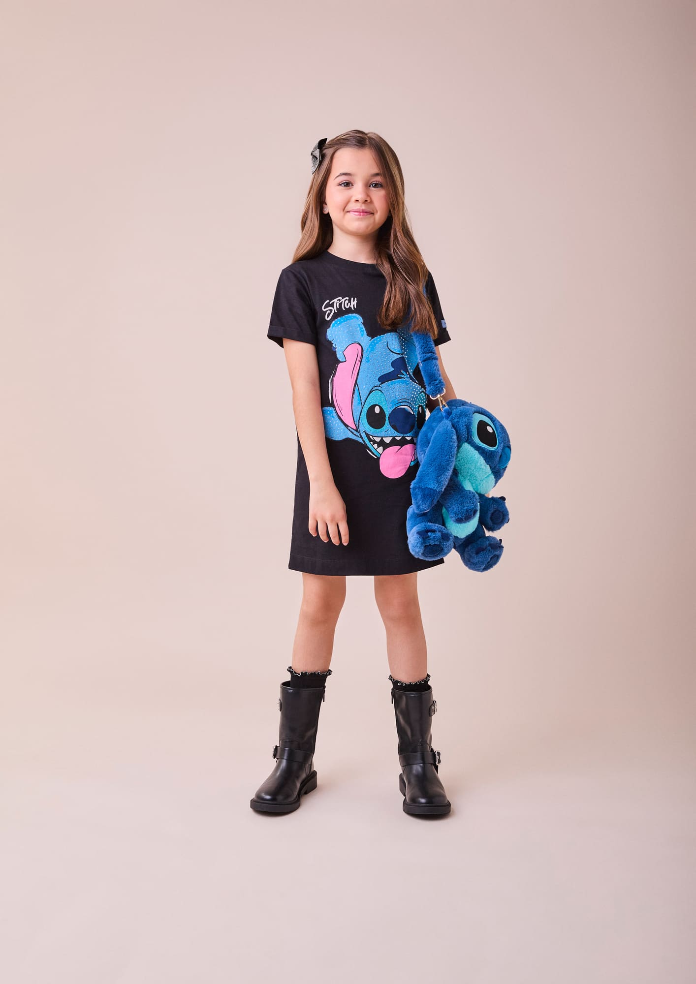 Vestido Infantil Inverno Preto Stitch com Strass