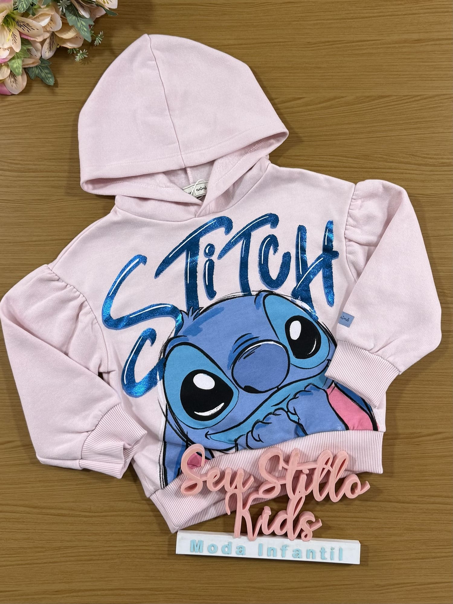 Moletom Infantil Animê Inverno Rosa Flanelado Stitch Disney