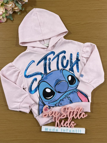 Moletom Infantil Animê Inverno Rosa Flanelado Stitch Disney