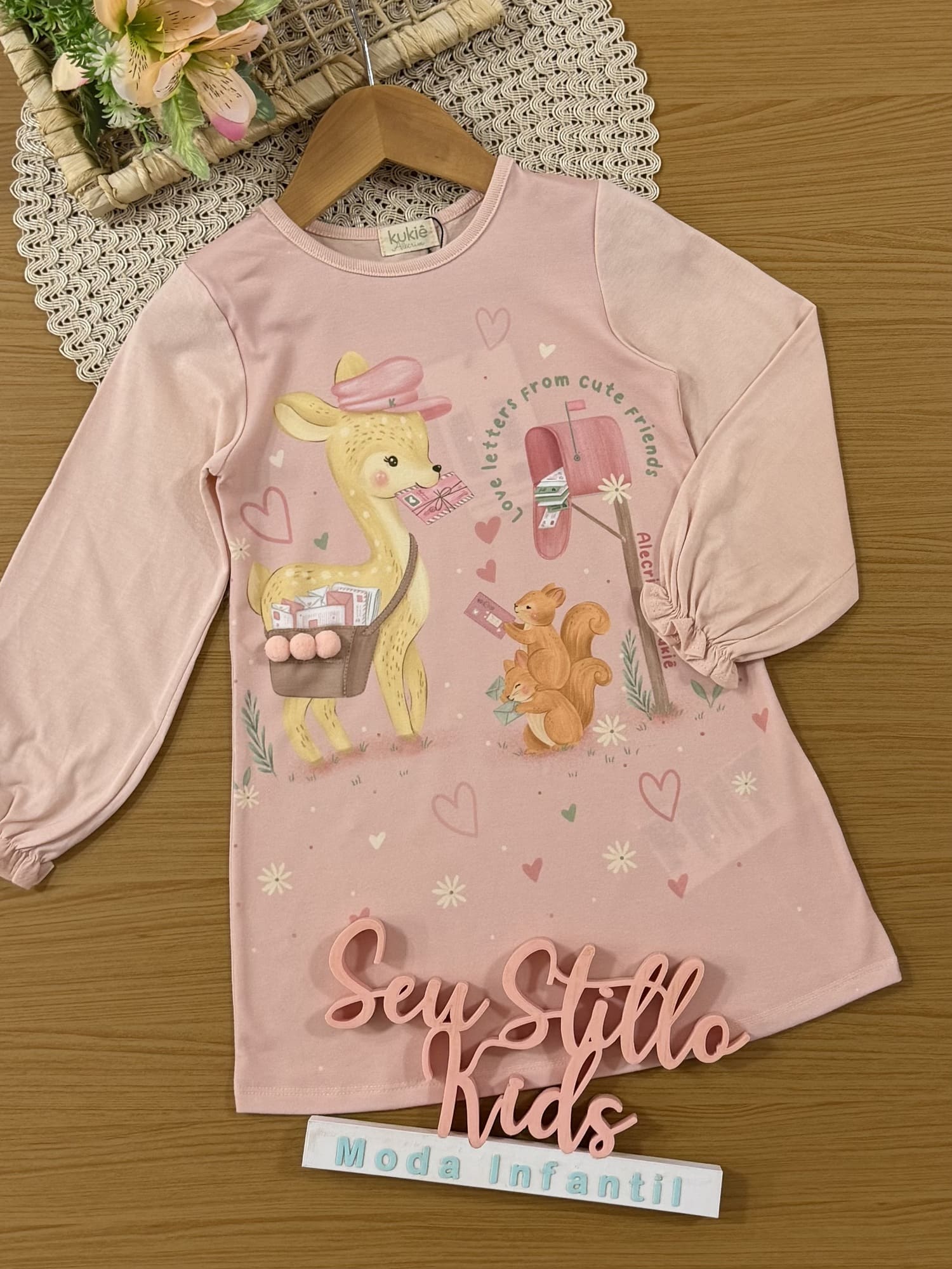 Vestido Infantil Kukiê Inverno Rosa Claro Cartinhas de Amor