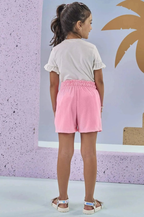 Conjunto Infantil Kukiê Verão com Shorts Rosa e Blusa Branca Girafinha